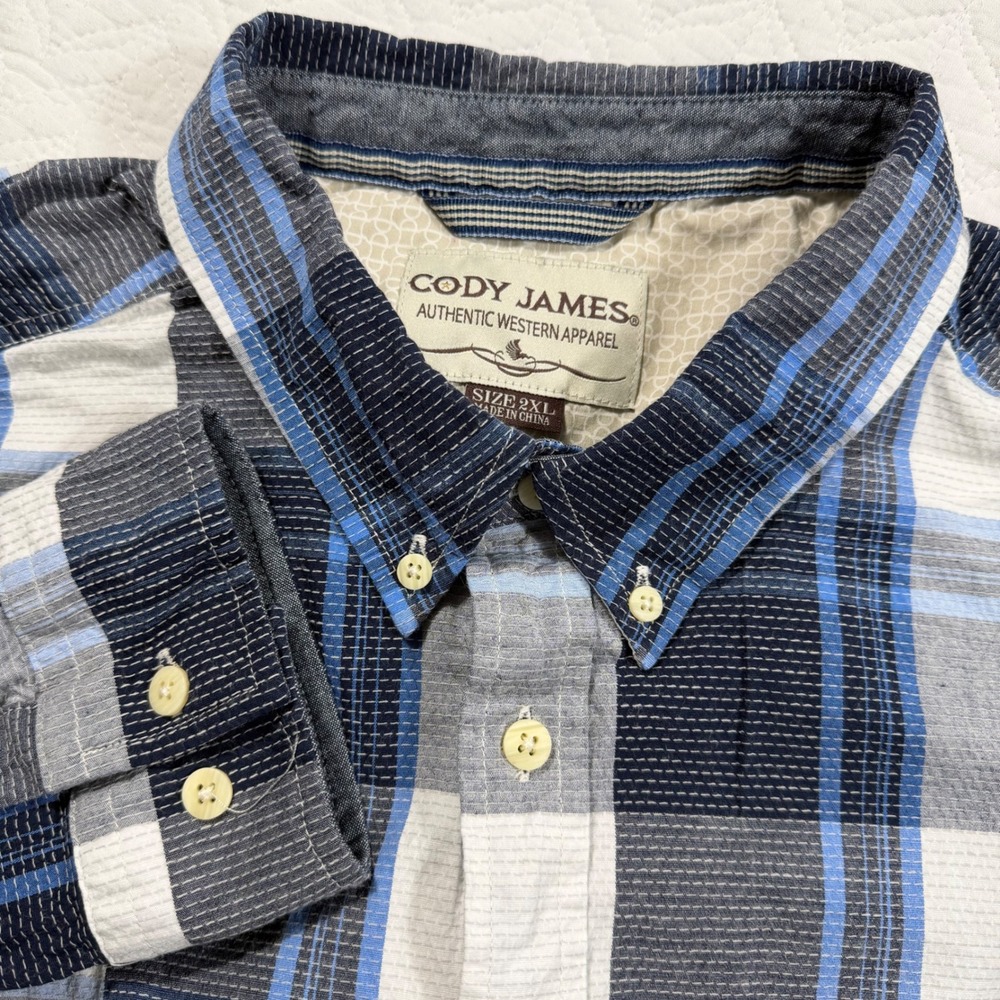 Cody James Western Mens 2XL Plaid‎ Long Sleeve Button Down Shirt Blue Gray White